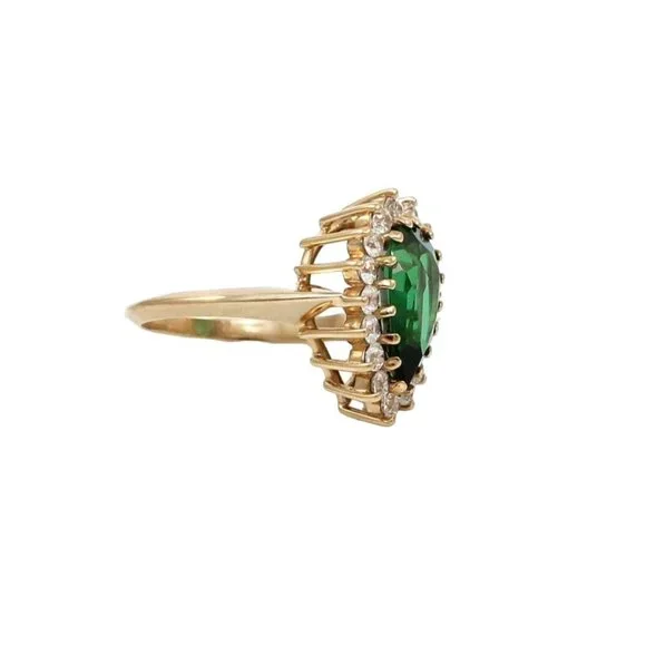 Solid 10K Yellow Gold Pear Cut Green Spinel Clear Round CZ Halo Cocktail Ring 6